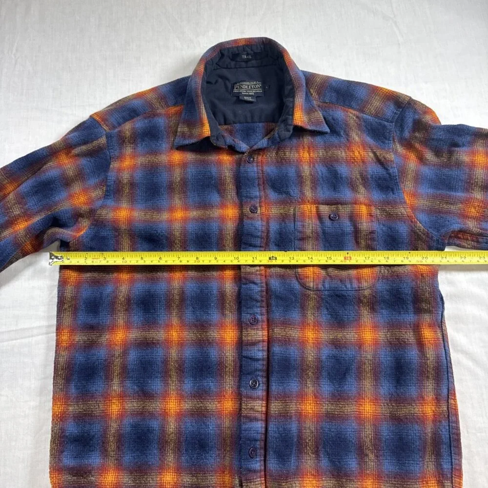 Mens Pendleton Blue Orange Shadow Plaid Trail Shirt Elbow Patch Pad Size Large - Picture 9 of 16